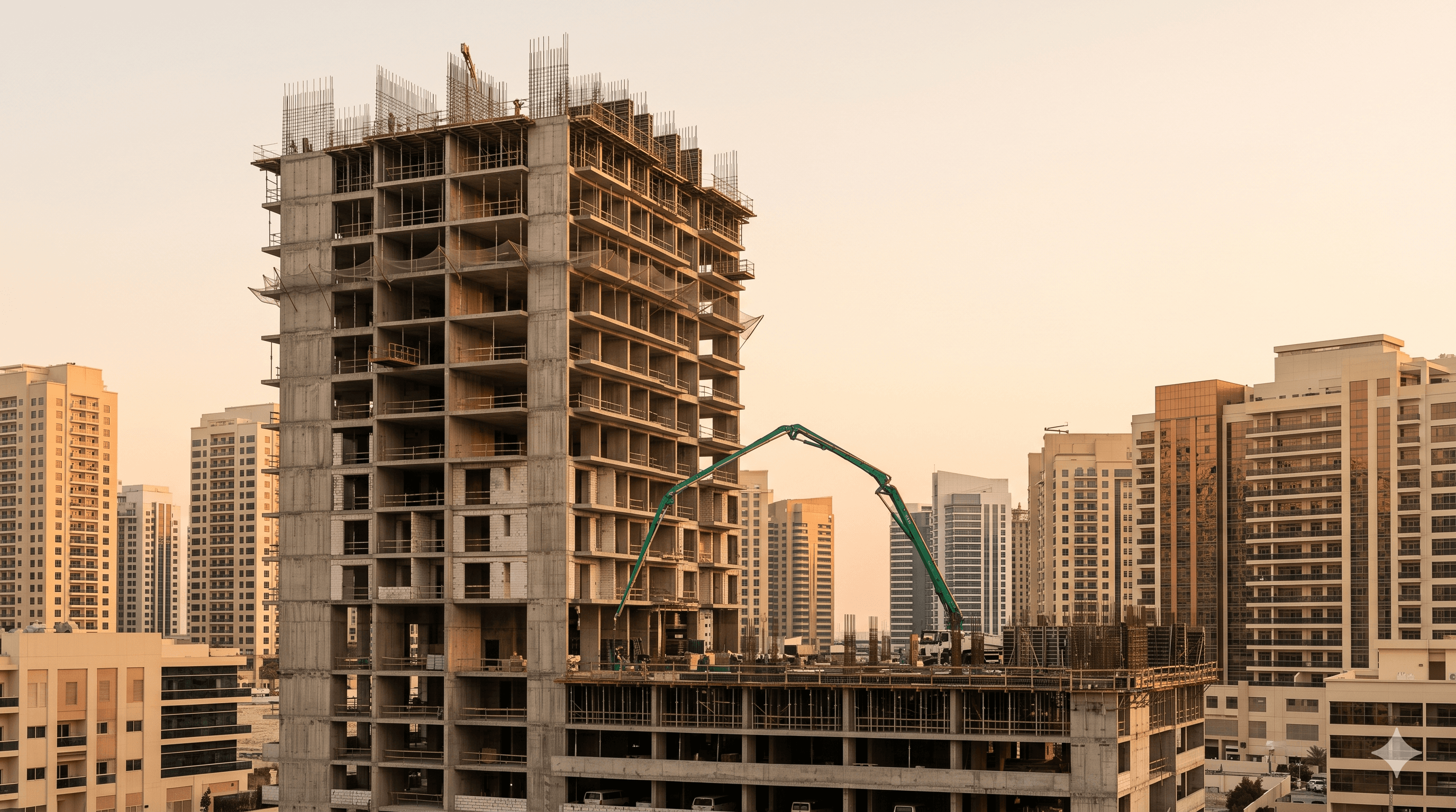 Active high-rise construction site at sunset