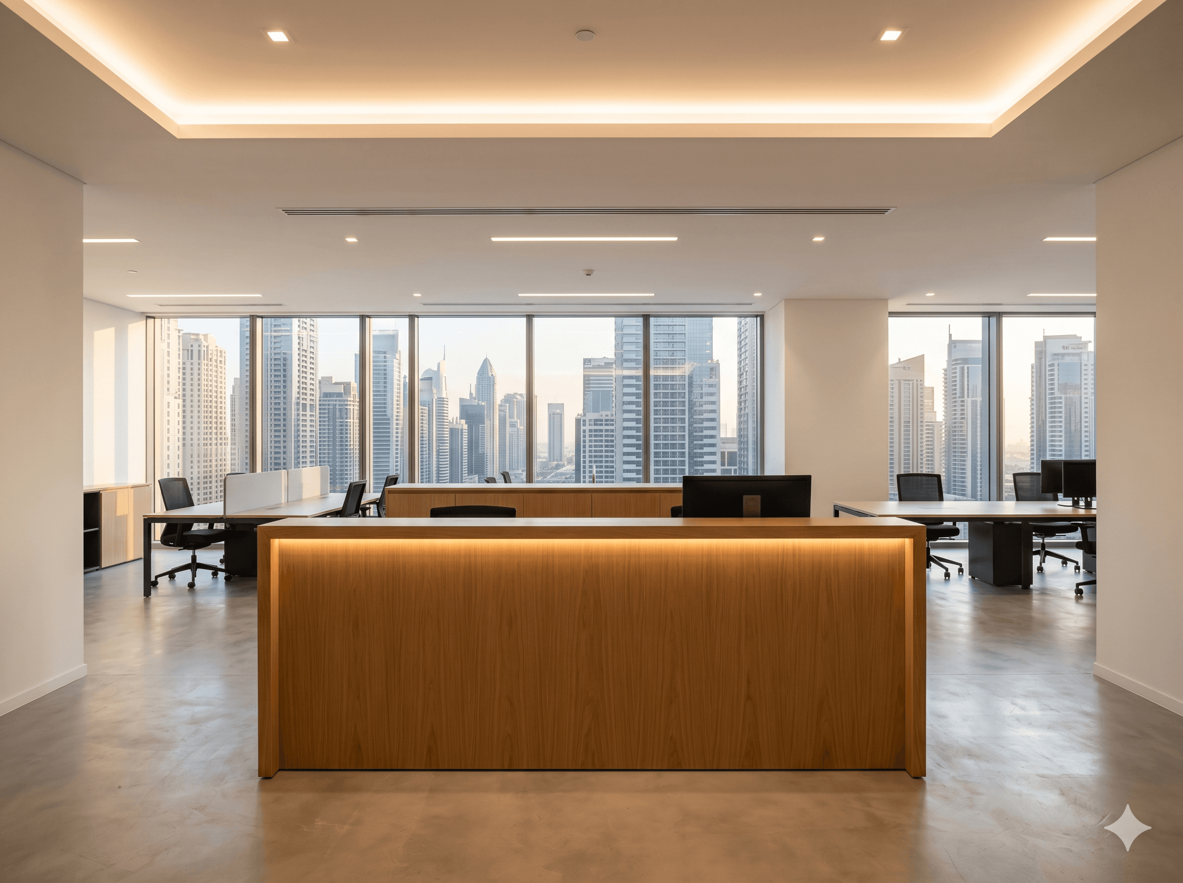 Completed office interior fit-out, neutral palette